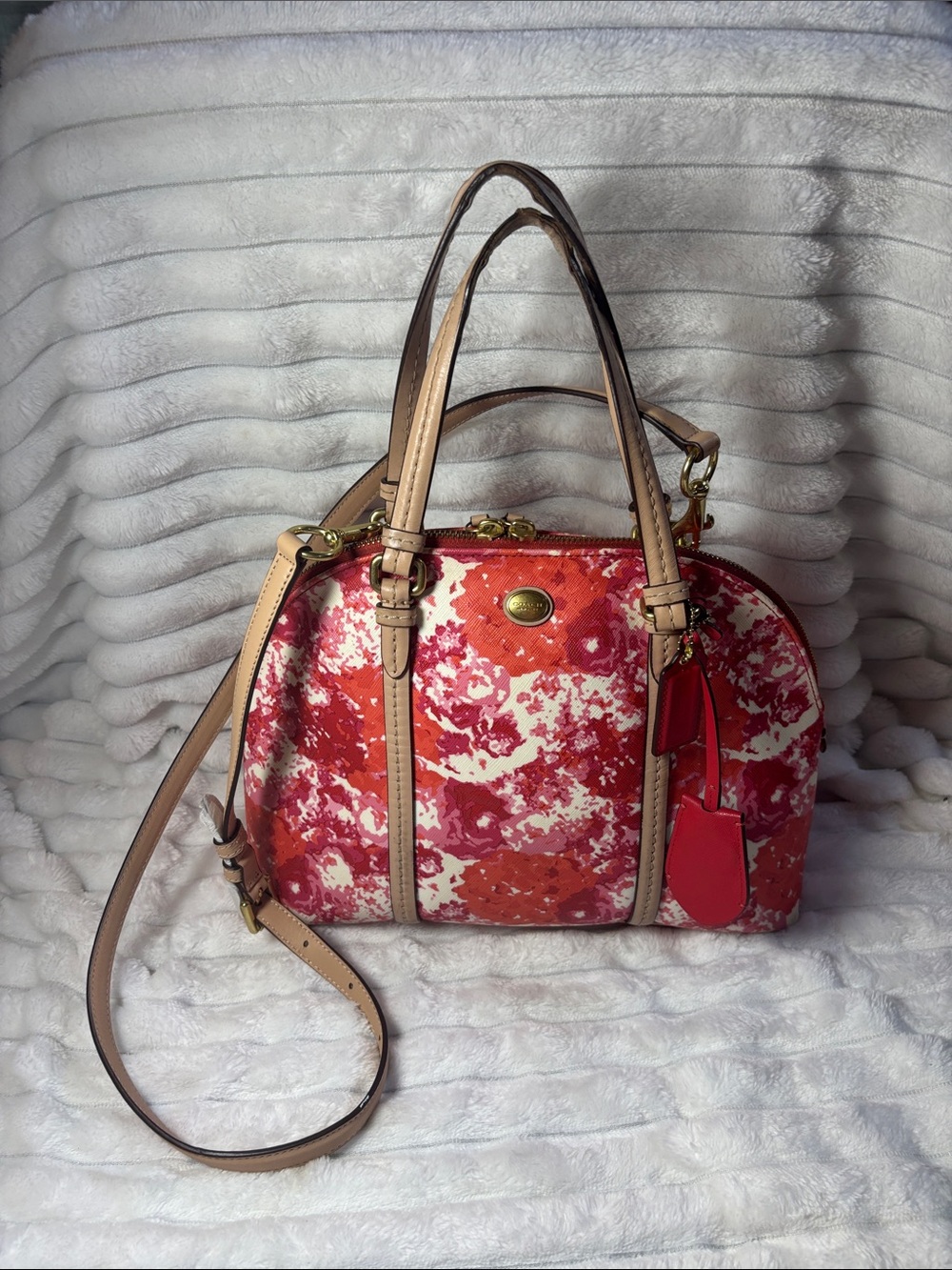 Vintage Coach Peyton Floral Cora Domed Purse Handbag F31341  Red Pink White - Picture 2 of 12
